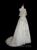 A Line Off Shoulder Tulle Lace Applique White Long Prom Dress, White Long Prom Dresses