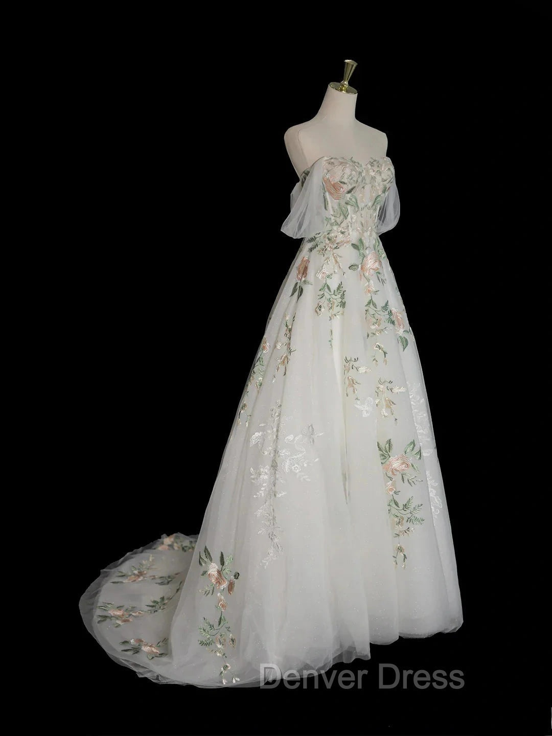 A Line Off Shoulder Tulle Lace Applique White Long Prom Dress, White Long Prom Dresses