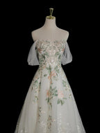 A-Line Off Shoulder Tulle Lace Applique White Long Prom Dress, White Long Prom Dresses