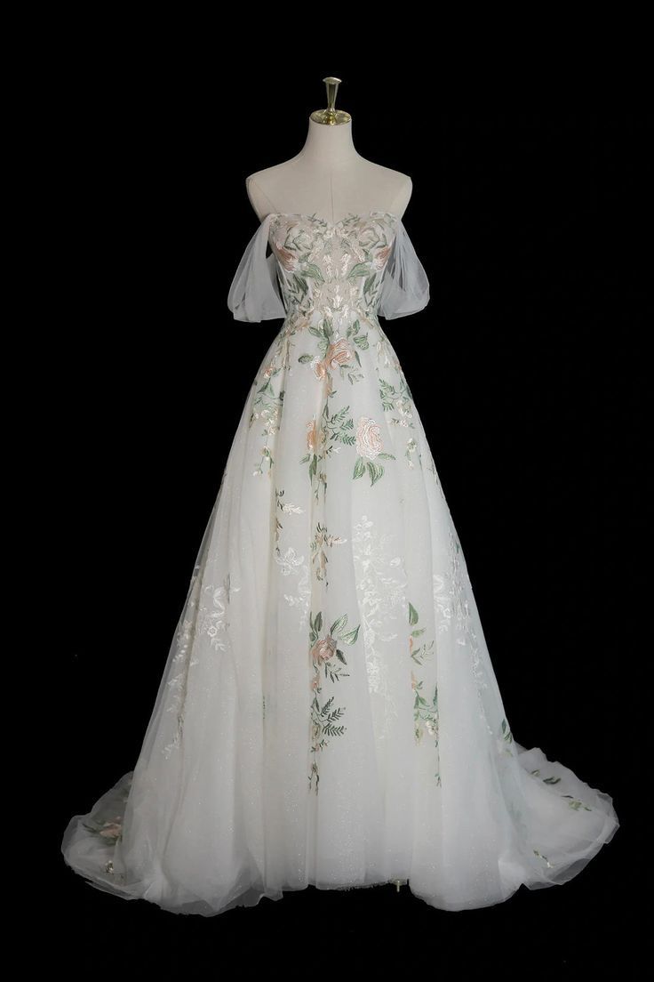 A-Line Off Shoulder Tulle Lace Applique White Long Prom Dress, White Long Prom Dresses