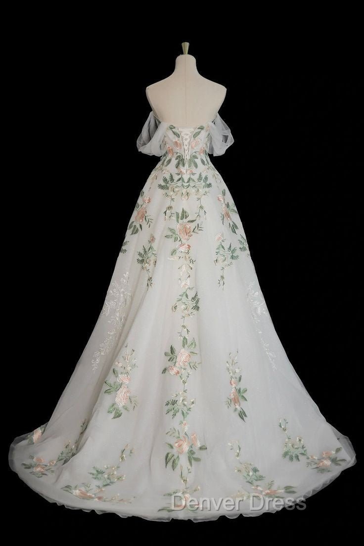A Line Off Shoulder Tulle Lace Applique White Long Prom Dress, White Long Prom Dresses
