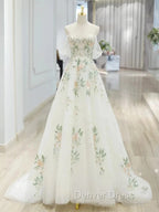 A Line Off Shoulder Tulle Lace Applique White Long Prom Dress, White Long Prom Dresses