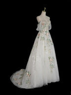 A-Line Off Shoulder Tulle Lace Applique White Long Prom Dress, White Long Prom Dresses