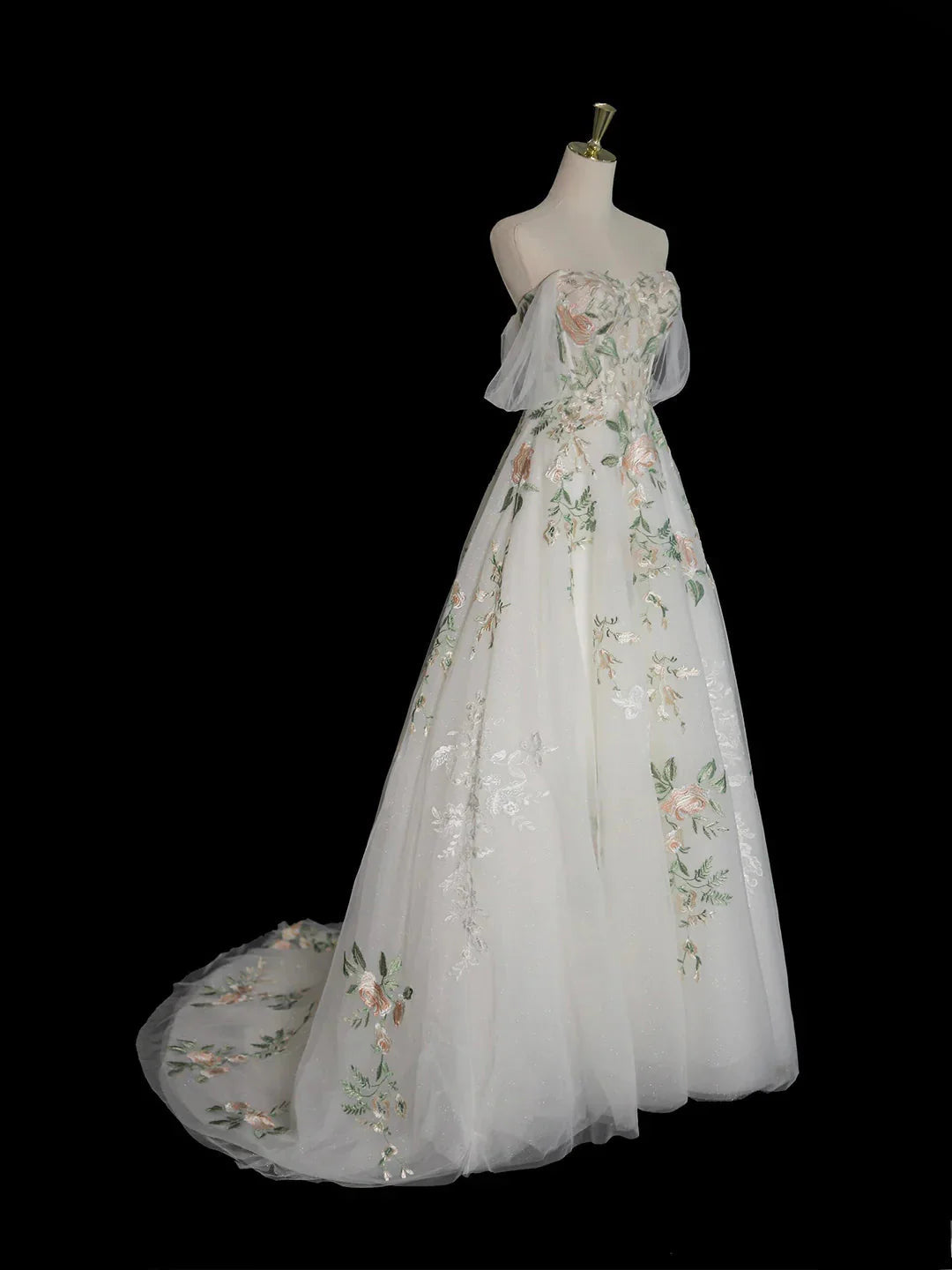 A-Line Off Shoulder Tulle Lace Applique White Long Prom Dress, White Long Prom Dresses