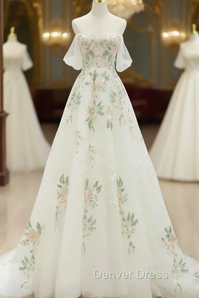 A Line Off Shoulder Tulle Lace Applique White Long Prom Dress, White Long Prom Dresses Main image