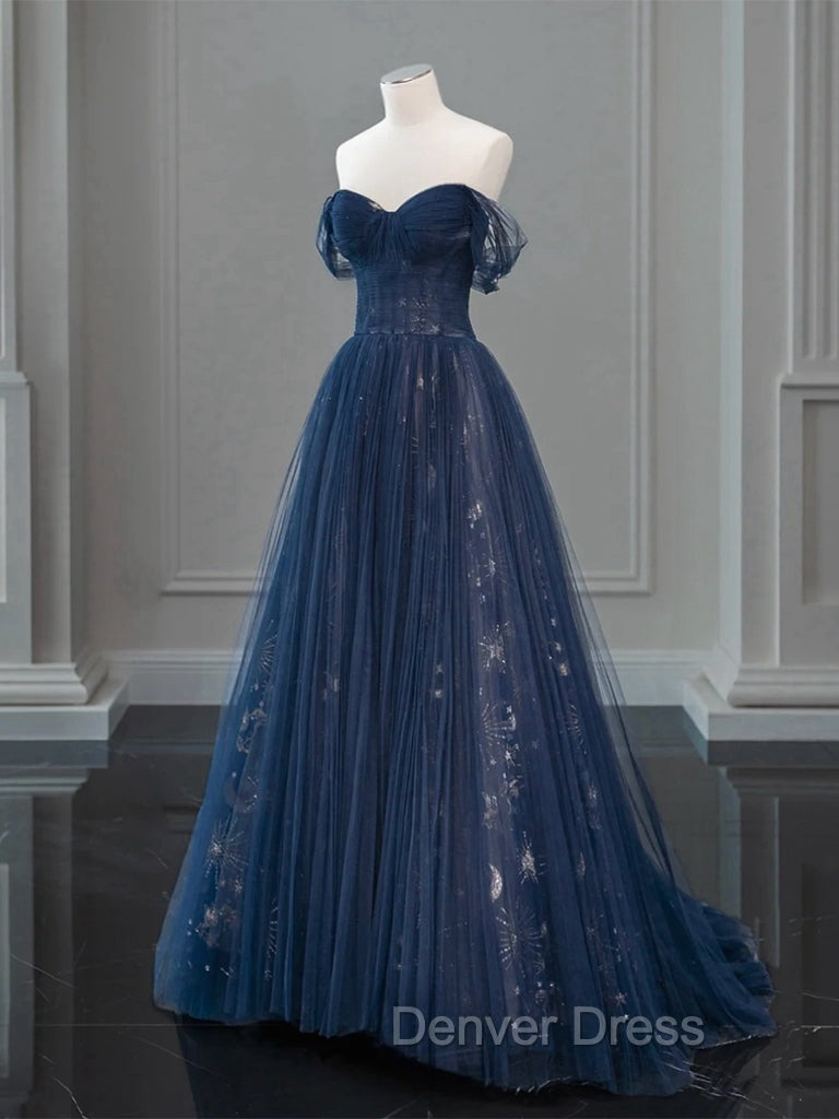 A Line Off Shoulder Tulle Lace Dark Blue Long Prom Dresses