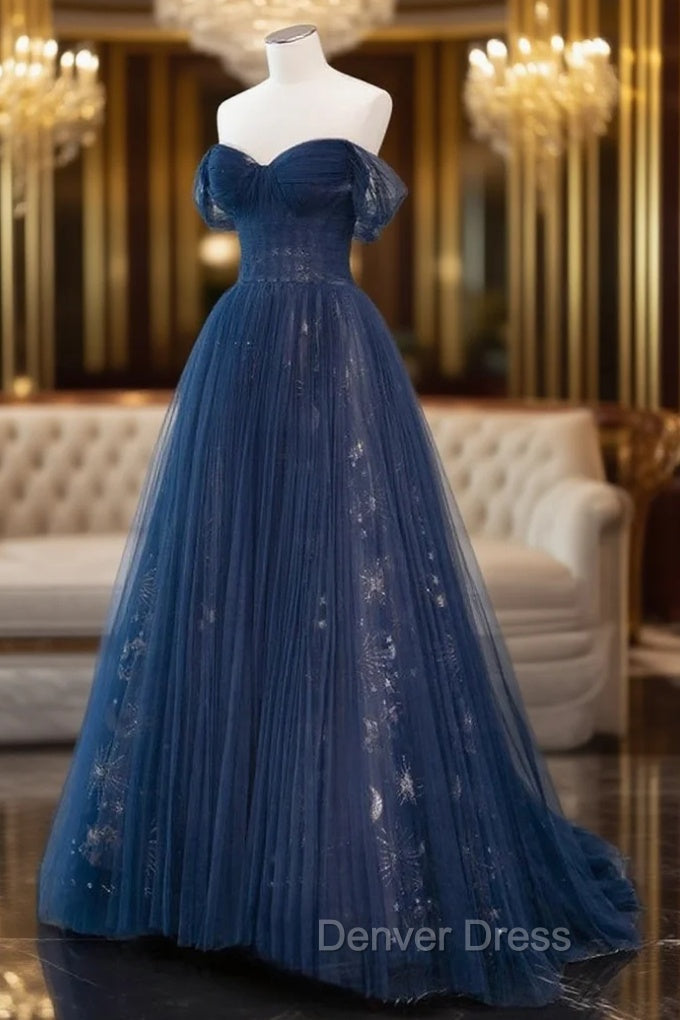 A Line Off Shoulder Tulle Lace Dark Blue Long Prom Dresses