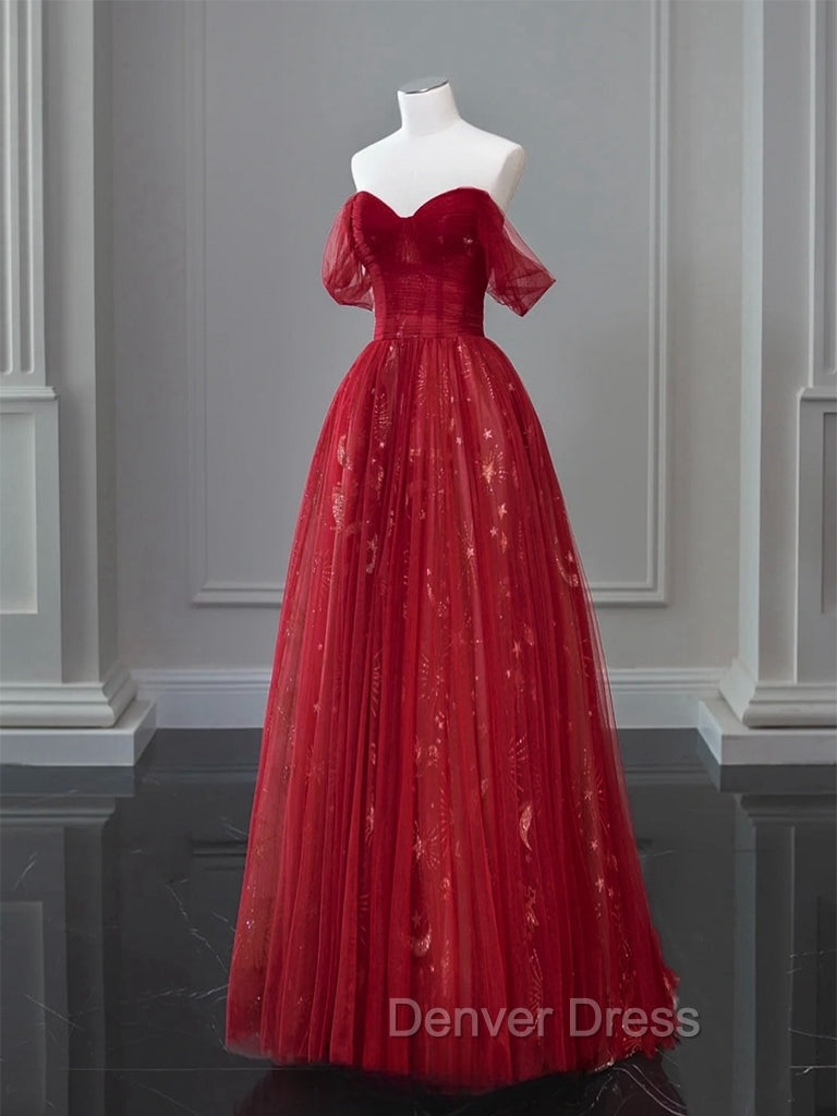 A Line Off Shoulder Tulle Lace Dark Red Long Prom Dresses Secondary image