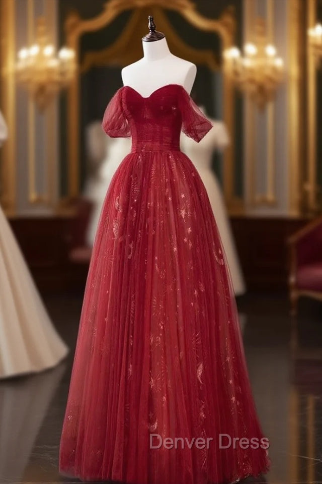A Line Off Shoulder Tulle Lace Dark Red Long Prom Dresses