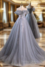 A Line Off Shoulder Tulle Lace Gray Blue Long Prom Dress, Gray Blue Long Prom Dresses