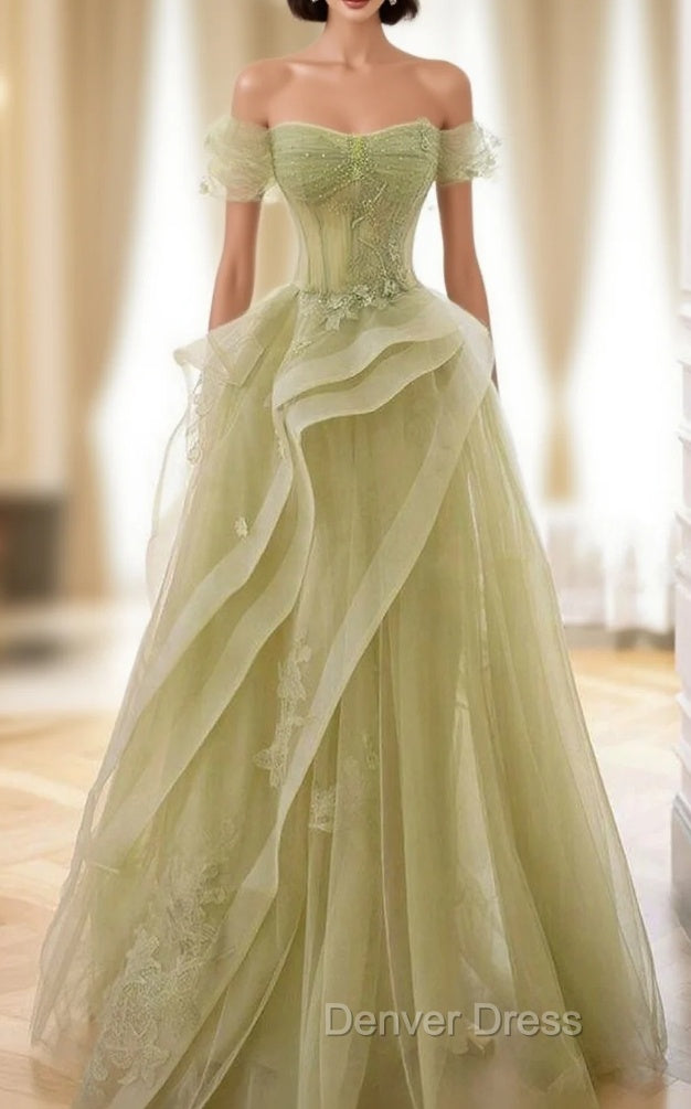 A-Line Off Shoulder Tulle Lace Green Long Prom Dresses, Green Long Graduation Dresses Main image