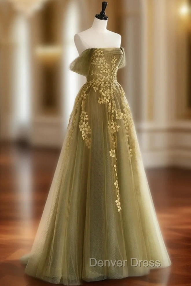 A-Line Off Shoulder Tulle Lace Long Prom Dresses, Green Tulle Formal Evening Dresses