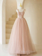 A Line Off Shoulder Tulle Lace Pink Long Prom Dress, Pink Long Prom Dresses