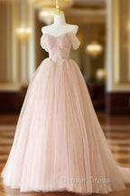 A-Line Off Shoulder Tulle Lace Pink Long Prom Dresses, Pink Long Formal Dresses