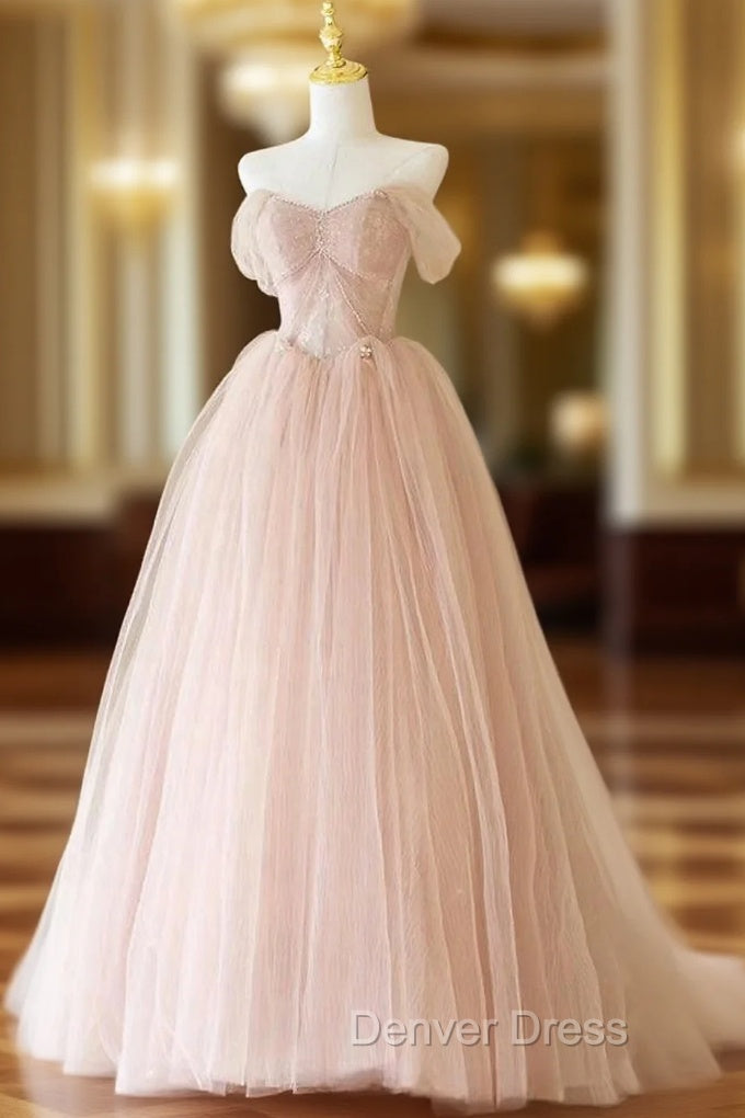A-Line Off Shoulder Tulle Lace Pink Long Prom Dresses, Pink Long Formal Dresses