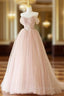 A-Line Off Shoulder Tulle Lace Pink Long Prom Dresses, Pink Long Formal Dresses