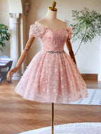 A-Line Off Shoulder Tulle Lace Pink Short Prom Dresses, Pink Homecoming Dresses