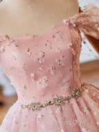 A-Line Off Shoulder Tulle Lace Pink Short Prom Dresses, Pink Homecoming Dresses