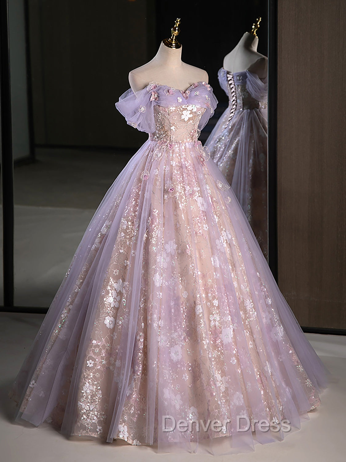 A-Line Off Shoulder Tulle Lace Purple Long Prom Dresses, Purple Formal Dresses Secondary image