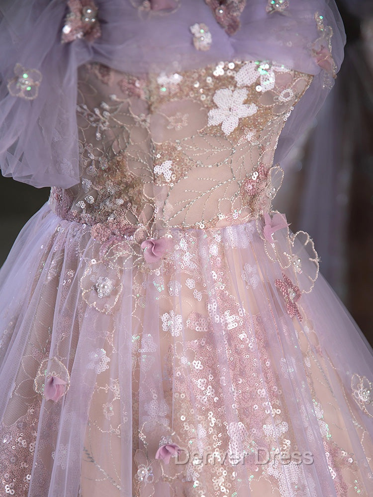 A-Line Off Shoulder Tulle Lace Purple Long Prom Dresses, Purple Formal Dresses