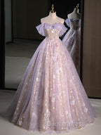 A-Line Off Shoulder Tulle Lace Purple Long Prom Dresses, Purple Formal Dresses