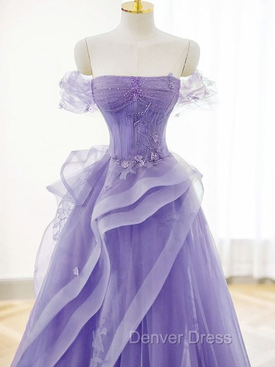 A-Line Off Shoulder Tulle Lace Purple Long Prom Dresses, Purple Lace Long Formal Dresses
