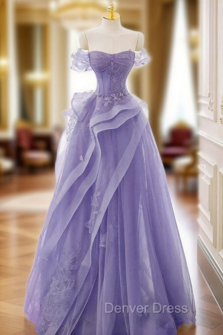 A-Line Off Shoulder Tulle Lace Purple Long Prom Dresses, Purple Lace Long Formal Dresses