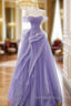 A-Line Off Shoulder Tulle Lace Purple Long Prom Dresses, Purple Lace Long Formal Dresses