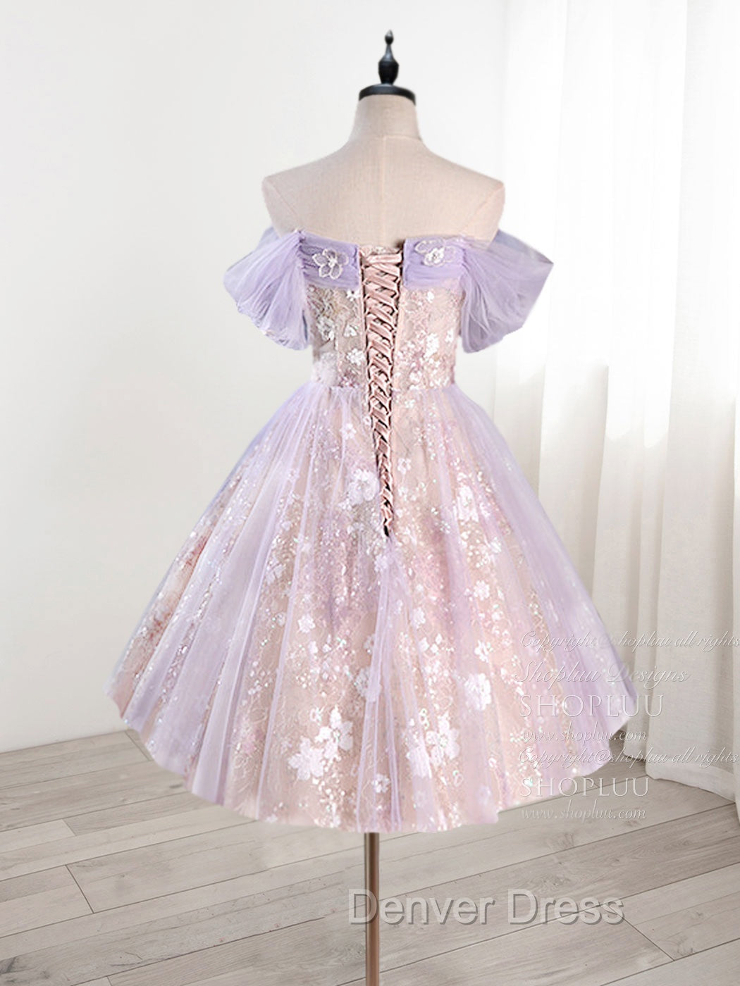 A-Line Off Shoulder Tulle Lace Purple Short Prom Dresses, Cute Purple Homecoming Dresses Secondary image