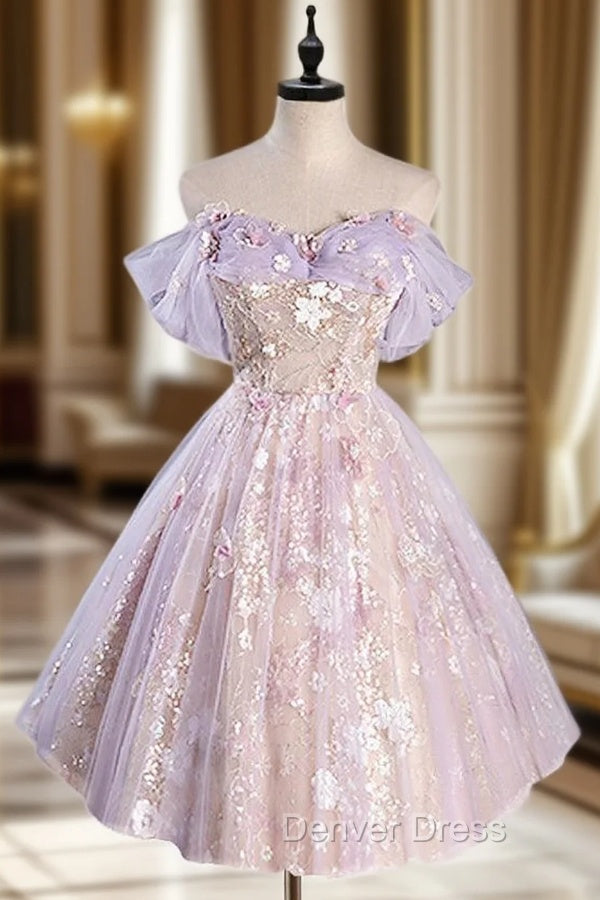 A-Line Off Shoulder Tulle Lace Purple Short Prom Dresses, Cute Purple Homecoming Dresses Main image