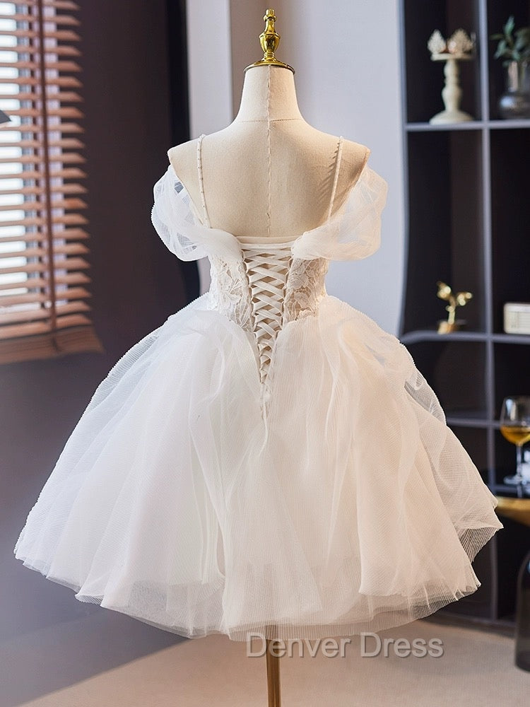 A-Line Off Shoulder Tulle Lace Short Prom Dresses, White Homecoming Dresses