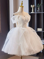 A-Line Off Shoulder Tulle Lace Short Prom Dresses, White Homecoming Dresses