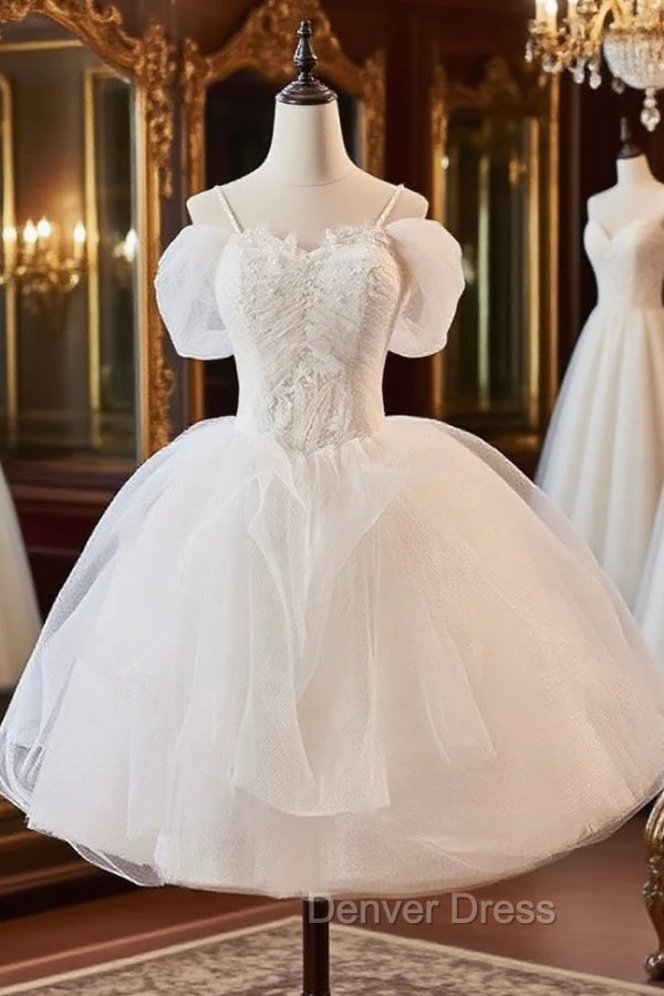 A Line Off Shoulder Tulle Lace Short Prom Dress, White Homecoming Dresses Main image