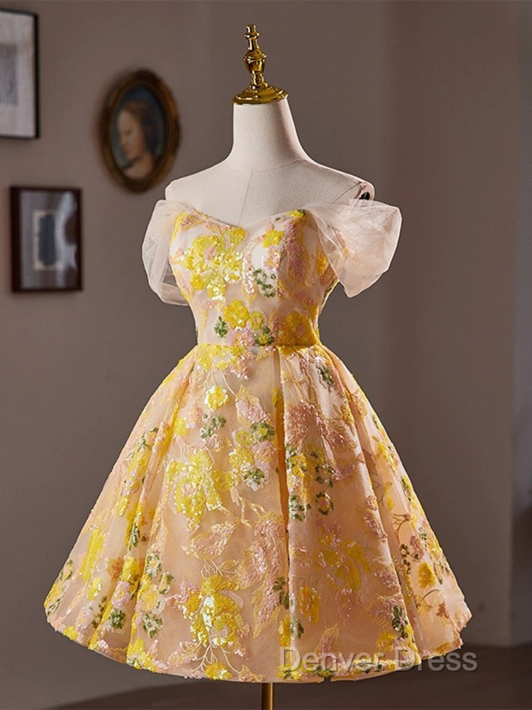 A-Line Off Shoulder Tulle Lace Short Yellow Prom Dresses, Yellow Homecoming Dresses Secondary image