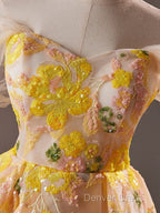 A-Line Off Shoulder Tulle Lace Short Yellow Prom Dresses, Yellow Homecoming Dresses