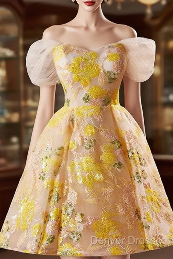 A-Line Off Shoulder Tulle Lace Short Yellow Prom Dresses, Yellow Homecoming Dresses Main image