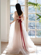 A Line Off Shoulder Tulle Light Pink Long Prom Dress, Long Prom Dresses