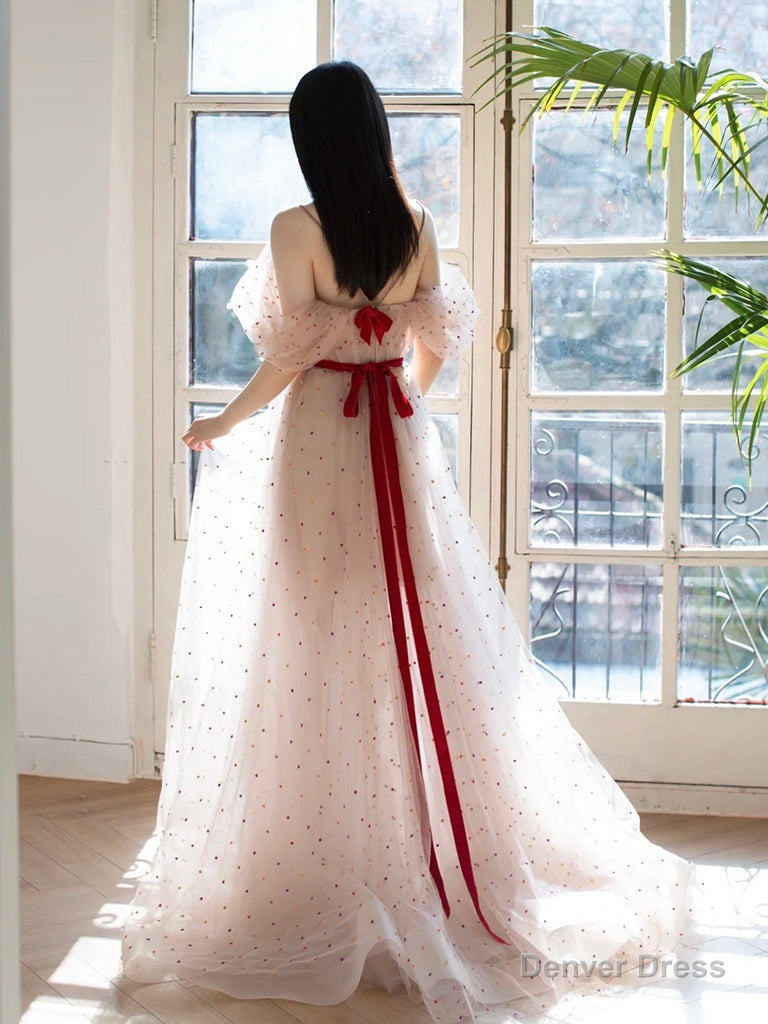 A Line Off Shoulder Tulle Light Pink Long Prom Dress, Long Prom Dresses