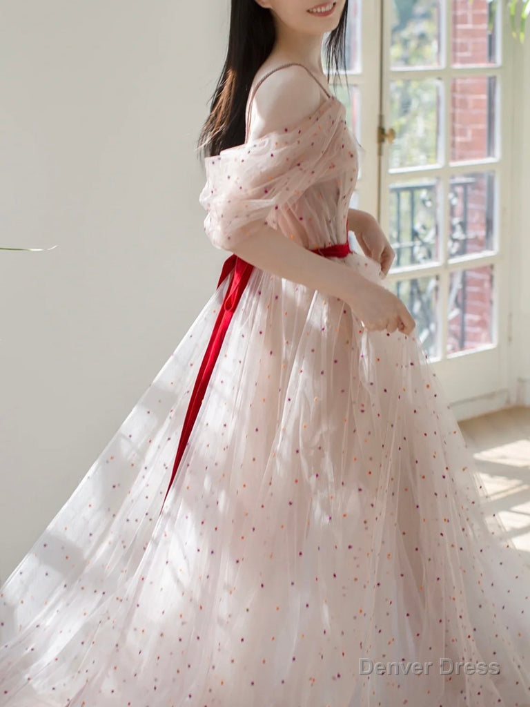 A Line Off Shoulder Tulle Light Pink Long Prom Dress, Long Prom Dresses