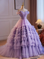 A Line Off Shoulder Tulle Purple Long Prom Dress, Purple Long Prom Dresses