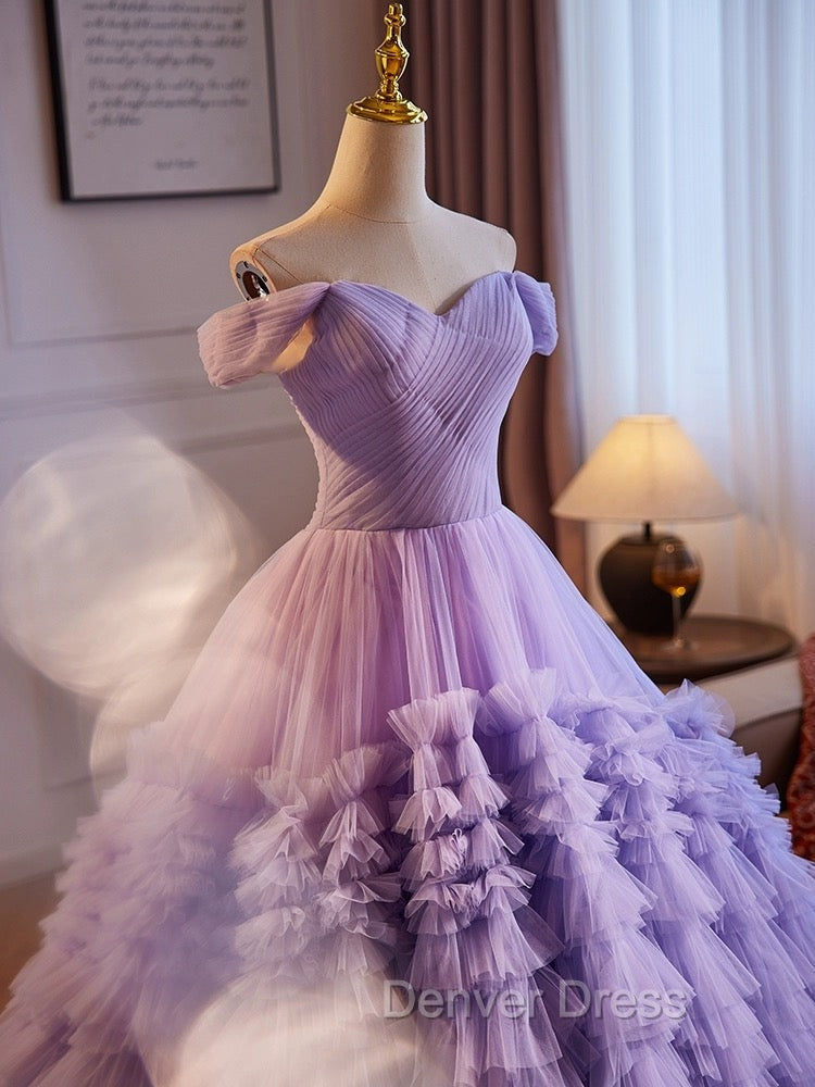 A Line Off Shoulder Tulle Purple Long Prom Dress, Purple Long Prom Dresses
