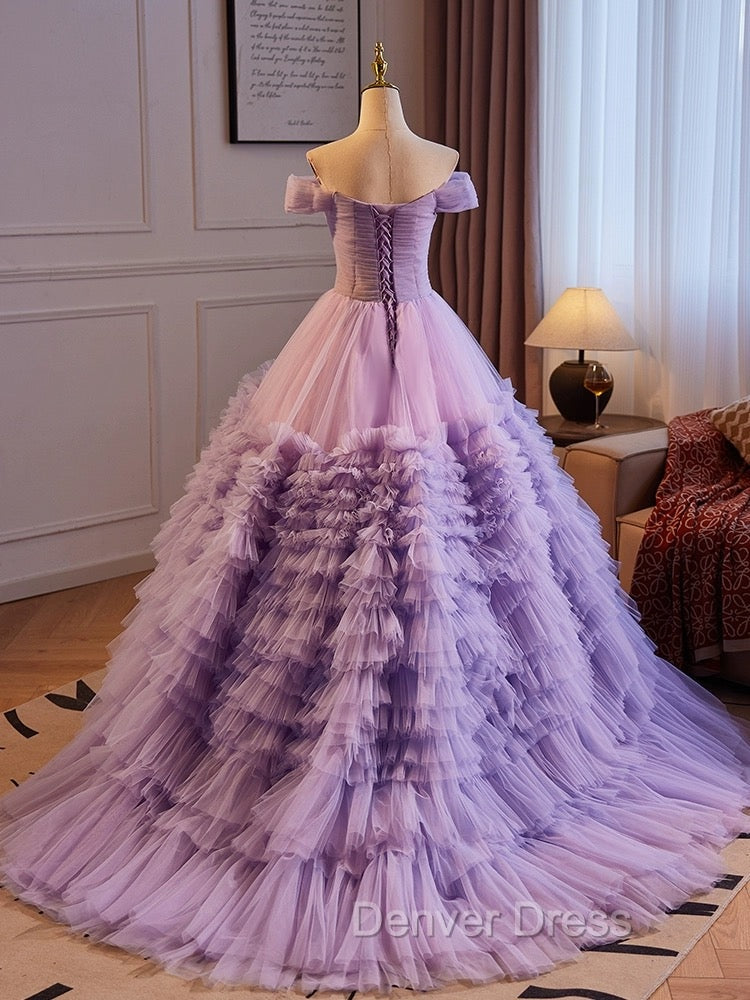 A Line Off Shoulder Tulle Purple Long Prom Dress, Purple Long Prom Dresses