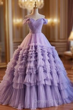 A Line Off Shoulder Tulle Purple Long Prom Dress, Purple Long Prom Dresses