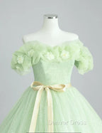 A-Line Off Shoulder Tulle Sage Green Long Prom Dresses