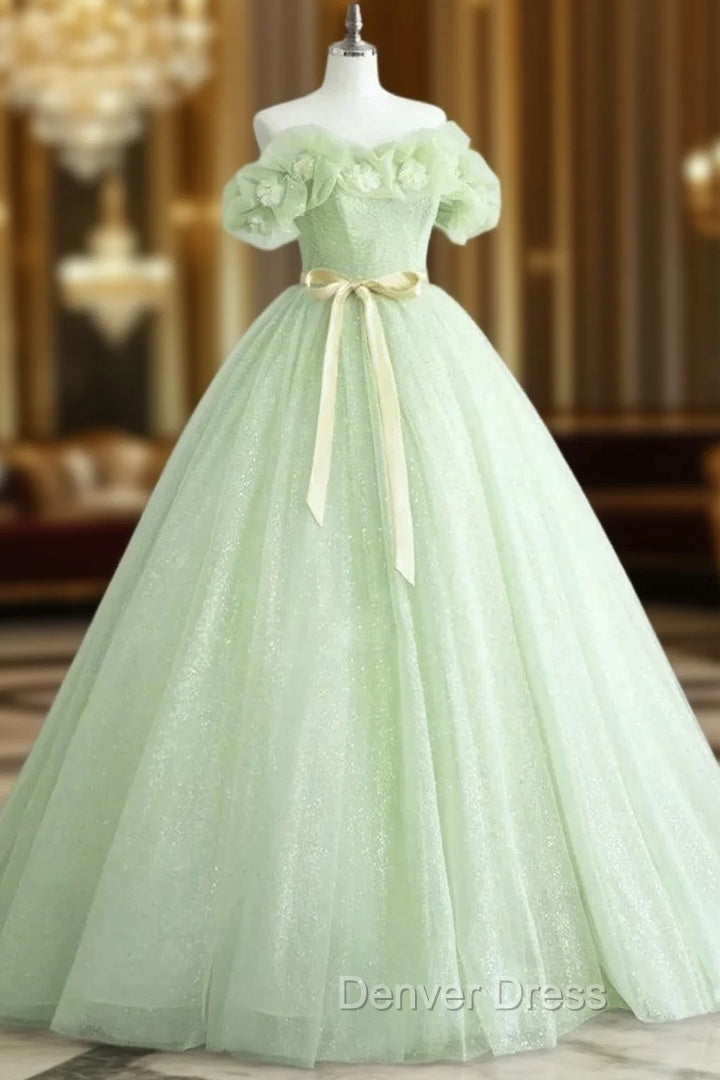 A-Line Off Shoulder Tulle Sage Green Long Prom Dresses