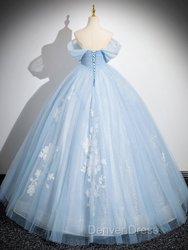 A Line Off Shoulder Tulle Sequin Blue Long Prom Dress, Blue Sweet 16 Dresses Secondary image