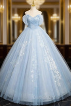 A-Line Off Shoulder Tulle Sequin Blue Long Prom Dresses, Blue Sweet 16 Dresses
