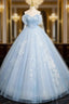 A-Line Off Shoulder Tulle Sequin Blue Long Prom Dresses, Blue Sweet 16 Dresses