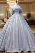 A-Line Off Shoulder Tulle Sequin Blue Purple Long Prom Dresses, Sequin Formal Dresses