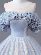 A-Line Off Shoulder Tulle Sequin Blue Purple Long Prom Dresses, Sequin Formal Dresses